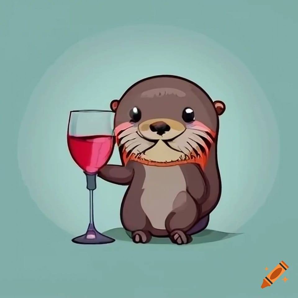 Illustration of otter with a glass of wine.
